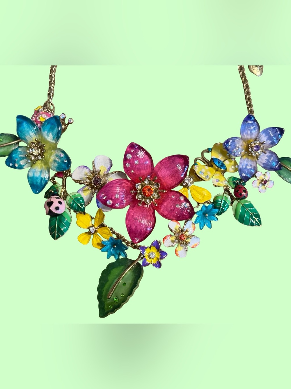 Vintage Signed Betsey Johnson Multicolor Floral Garden Statement Necklace